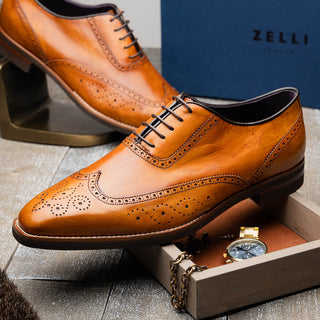 Zelli Italia Stephano Men's Shoes Camel Calf-Skin Leather Wing-Tip Oxford (ZEL1039)