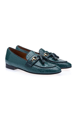 SUPERGLAMOUROUS Bruno Men's Formal Shoes Green Crocodile Print Leather Slipper Loafers (SPGM1313)-AmbrogioShoes