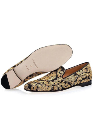 SUPERGLAMOUROUS Harley Yamka Black & Gold Embroidered Canvas Loafers (SPGM1028)-AmbrogioShoes