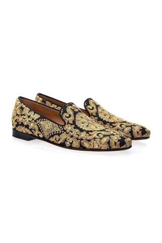 SUPERGLAMOUROUS Harley Yamka Black & Gold Embroidered Canvas Loafers (SPGM1028)-AmbrogioShoes