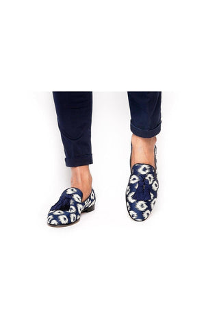 SUPERGLAMOUROUS Louis Rivareno Navy & Cream Jacquard Canvas Tassels Loafers (SPGM1003)-AmbrogioShoes
