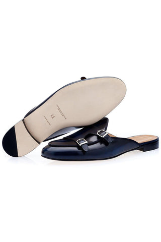 SUPERGLAMOUROUS Tangerine 7 Navy Polished Leather Monk-Straps Belgian Slipper Mules (SPGM1241)-AmbrogioShoes