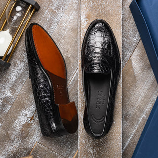 Zelli Italia Tuscany Men's Shoes Black Crocodile Skin Penny Loafer (ZEL1000)