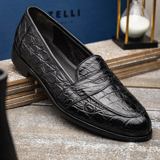 Zelli Italia Tuscany Men's Shoes Black Crocodile Skin Penny Loafer (ZEL1000)