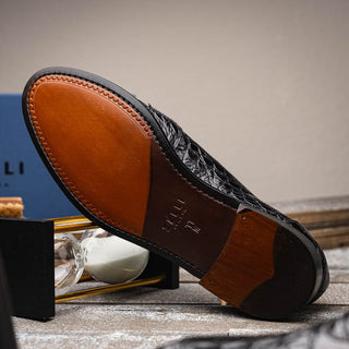 Zelli Italia Tuscany Men's Shoes Black Crocodile Skin Penny Loafer (ZEL1000)